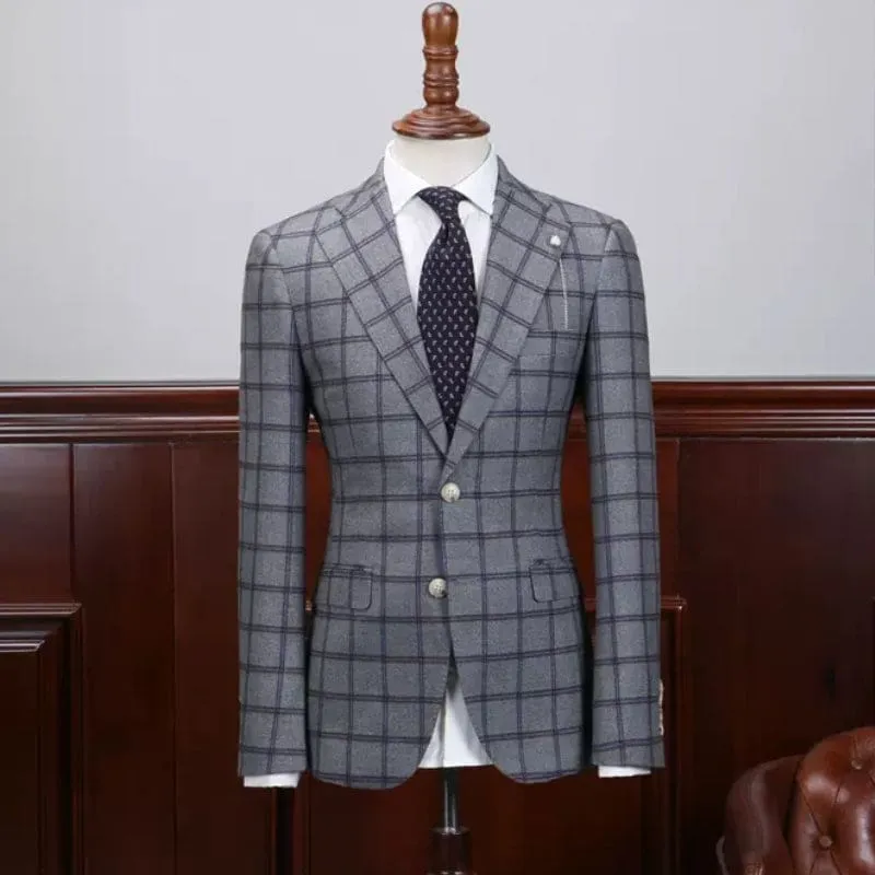 Chic Gray Plaid Notched Lapel Business Suits Two Pieces Wedding Suits