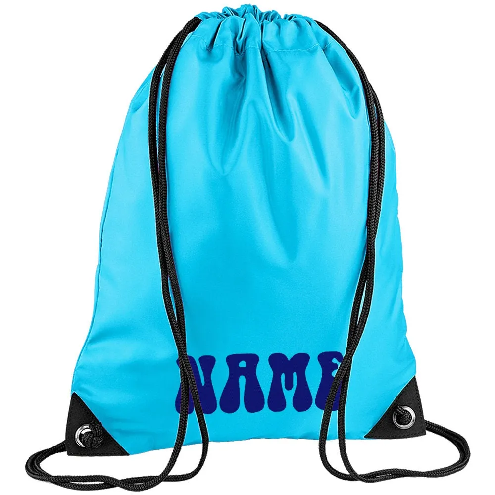 Embroidered 70s Text Personalised PE Bag, Kit Bag Drawstring Bag