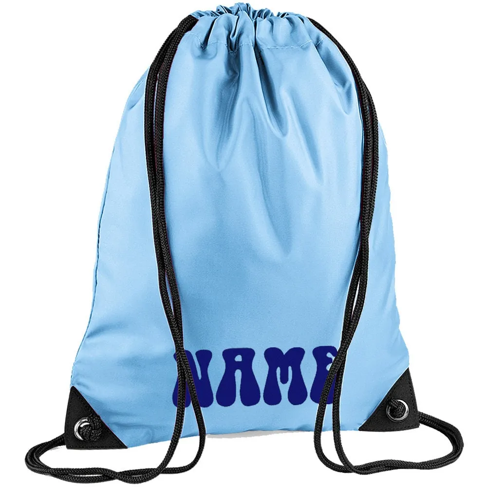 Embroidered 70s Text Personalised PE Bag, Kit Bag Drawstring Bag