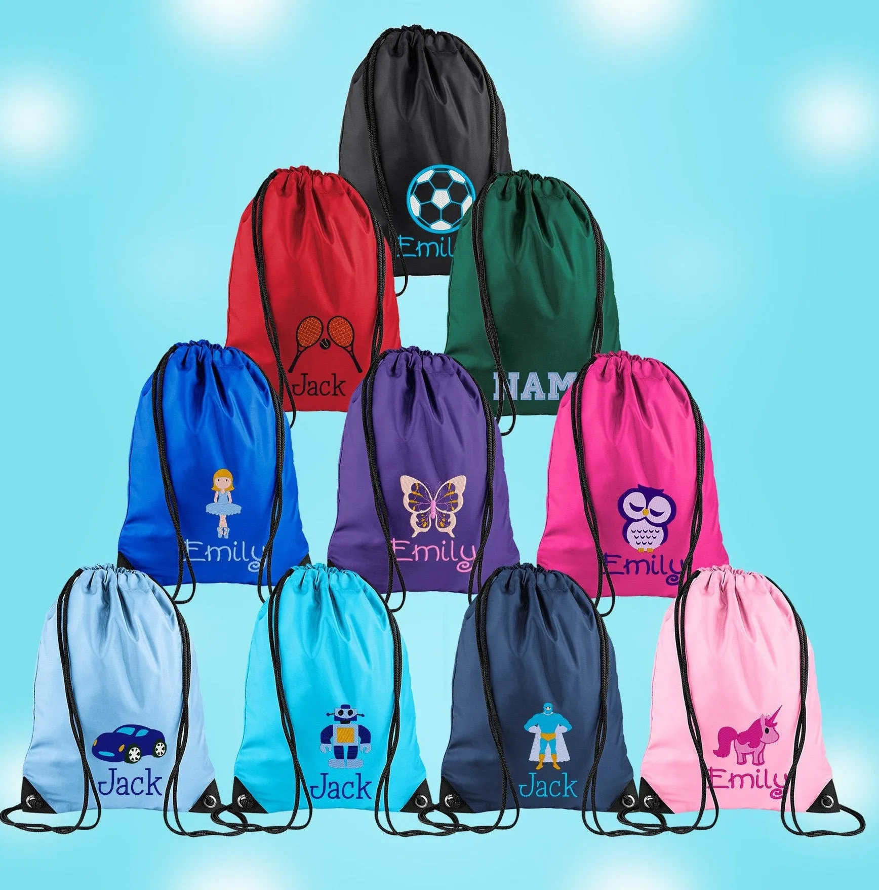 Embroidered 70s Text Personalised PE Bag, Kit Bag Drawstring Bag