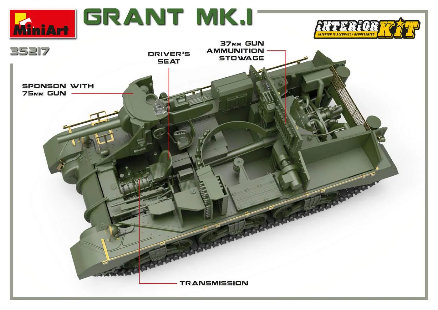 MiniArt Military 1/35 M3 Grant Mk1 Tank w/Full Interior (New Tool) Kit