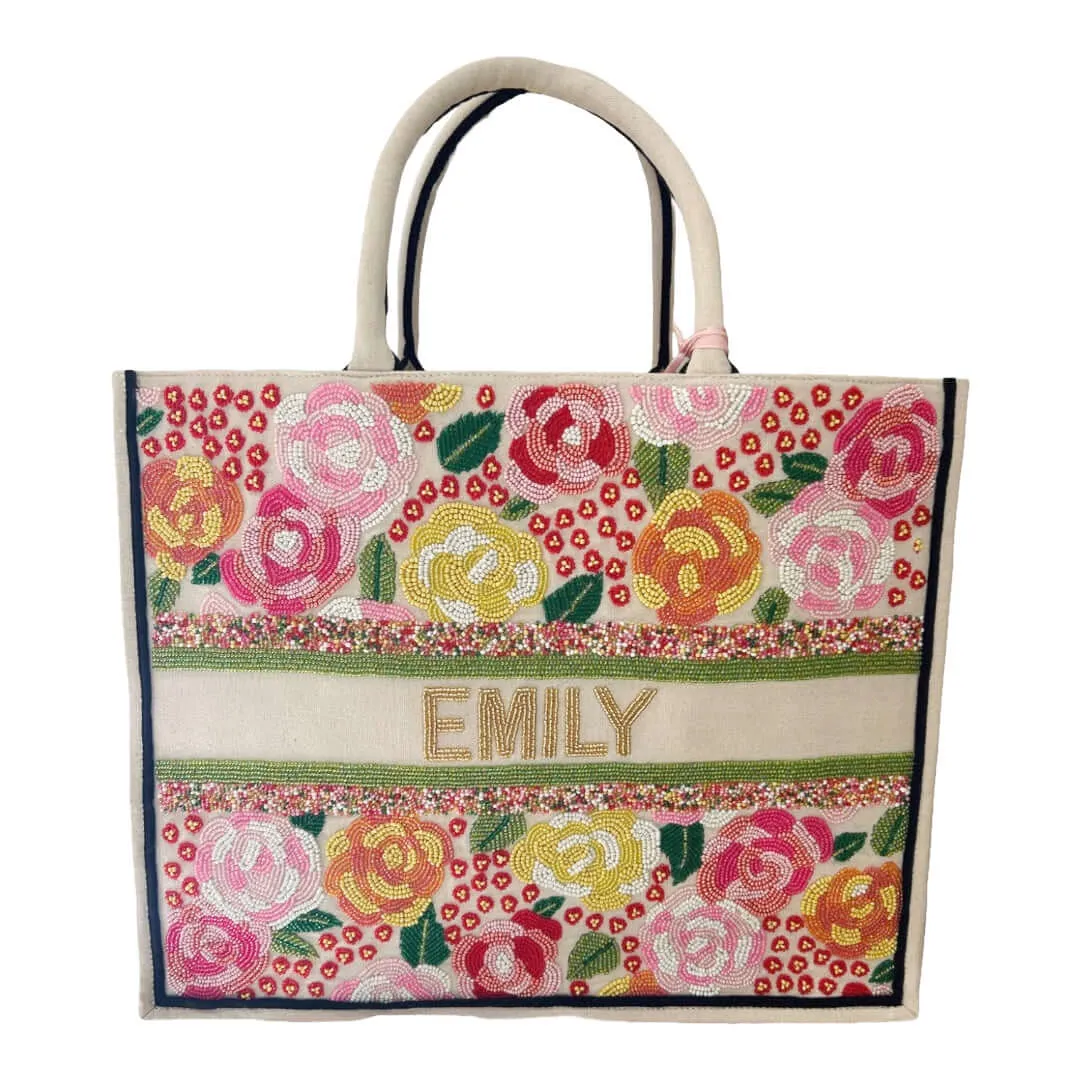 Personalized Beaded Floral Tote