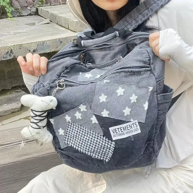 UAKISS  -  Patchwork Denim Star Plaid Vintage Schoolbags Japanese Fashion Retro Students Y2k Rucksacks Women Preppy Backpacks High-capacity