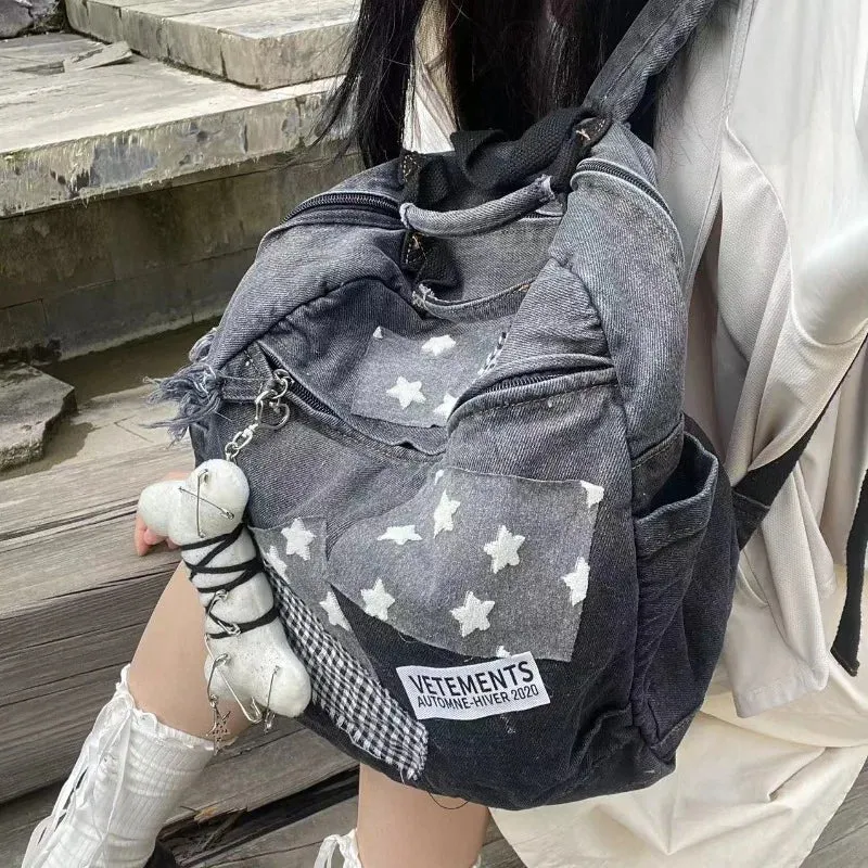 UAKISS  -  Patchwork Denim Star Plaid Vintage Schoolbags Japanese Fashion Retro Students Y2k Rucksacks Women Preppy Backpacks High-capacity