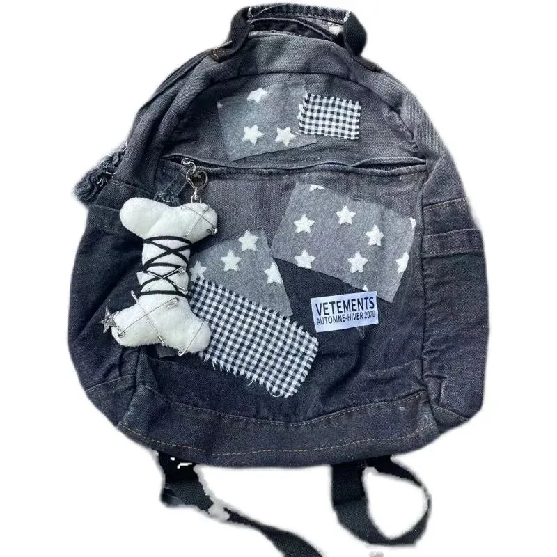 UAKISS  -  Patchwork Denim Star Plaid Vintage Schoolbags Japanese Fashion Retro Students Y2k Rucksacks Women Preppy Backpacks High-capacity
