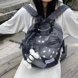 UAKISS  -  Patchwork Denim Star Plaid Vintage Schoolbags Japanese Fashion Retro Students Y2k Rucksacks Women Preppy Backpacks High-capacity
